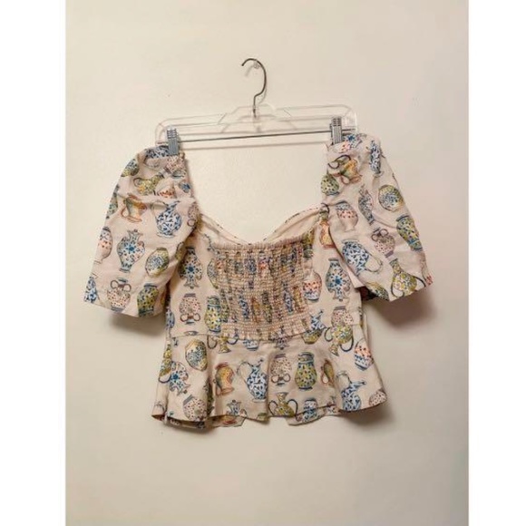 WILFRED Aritzia Linen Smocked Puff Sleeve FATALE Vase Print Blouse XS - Picture 7 of 7